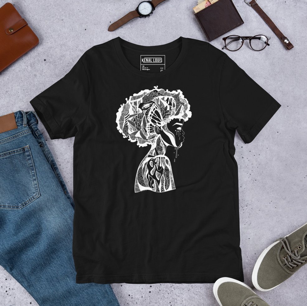 Beautiful mind afro line art mens t-shirt with intricate detailed portrait style