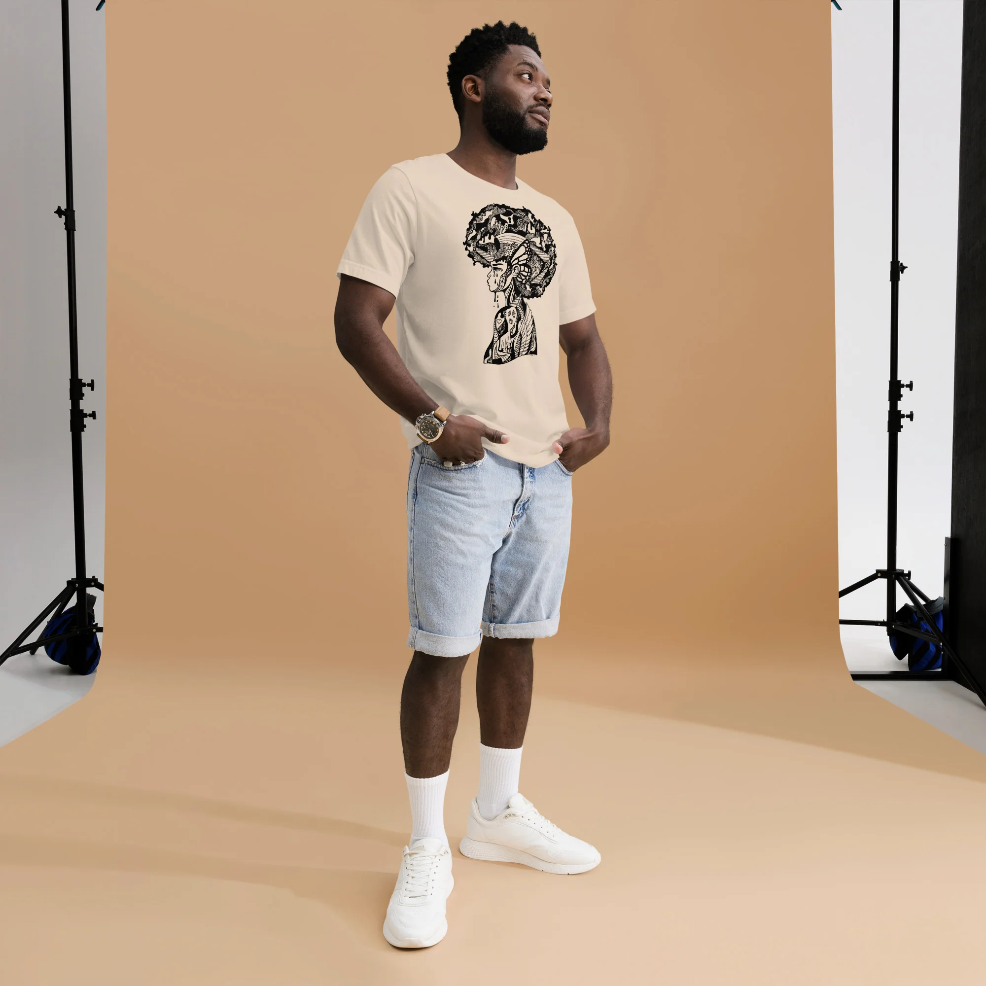Cream afrocentric t-shirt featuring Her Beautiful Mind graphic design with Afro silhouette artwork