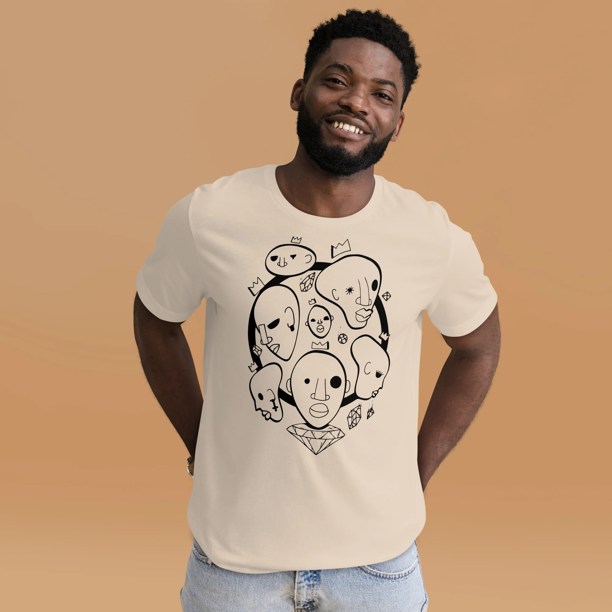 Man wearing cream afrocentric t-shirt with black line art design featuring seven wise kings and symbolic elements