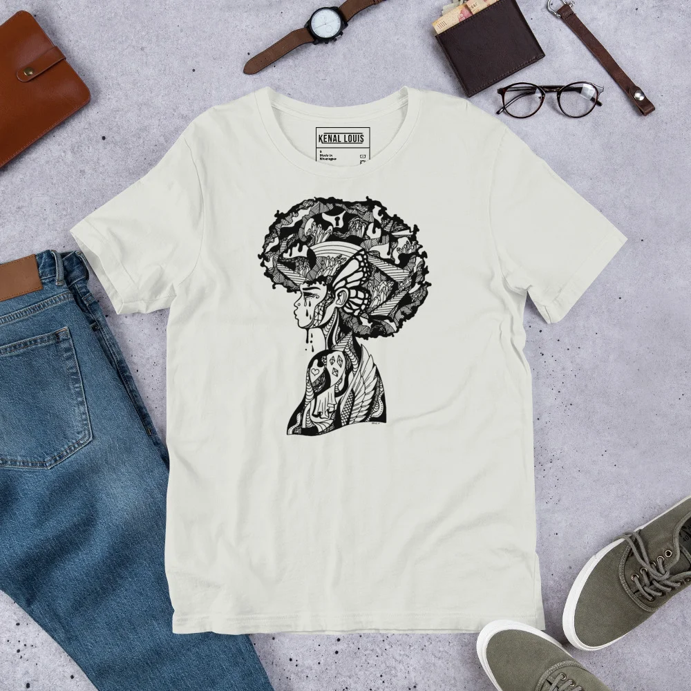 Cream afrocentric t-shirt featuring intricate black graphic of woman's profile with natural afro and butterfly details