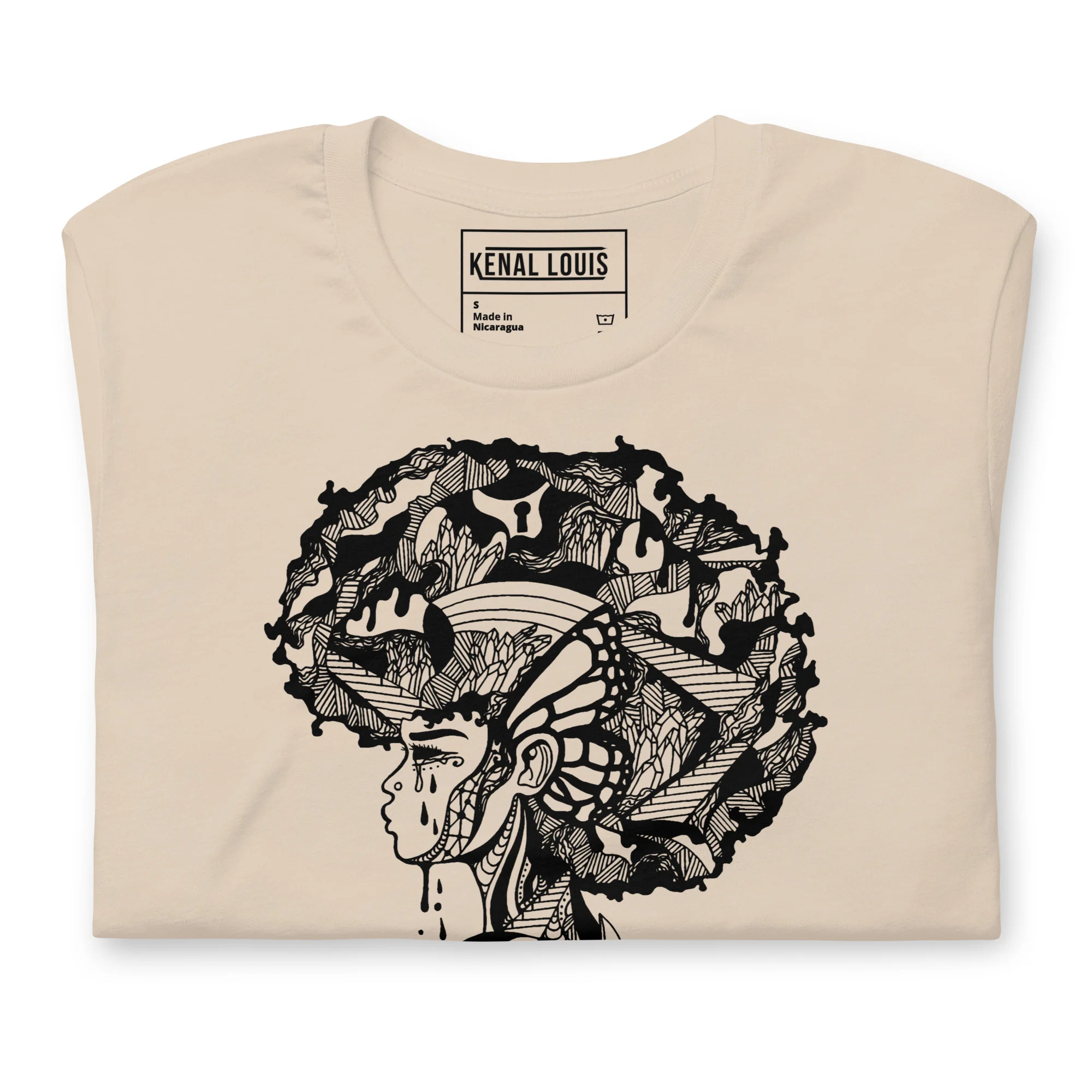 Cream afrocentric t-shirt featuring black line art of a woman's profile with intricate natural hair and mind design