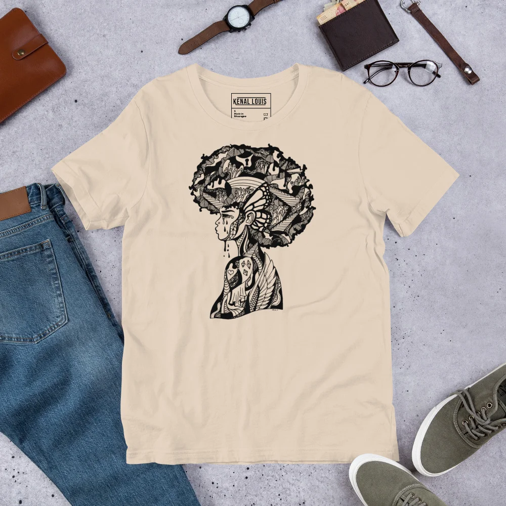 Cream afrocentric t-shirt featuring intricate black line art of a woman's silhouette with natural afro and detailed head profile artwork
