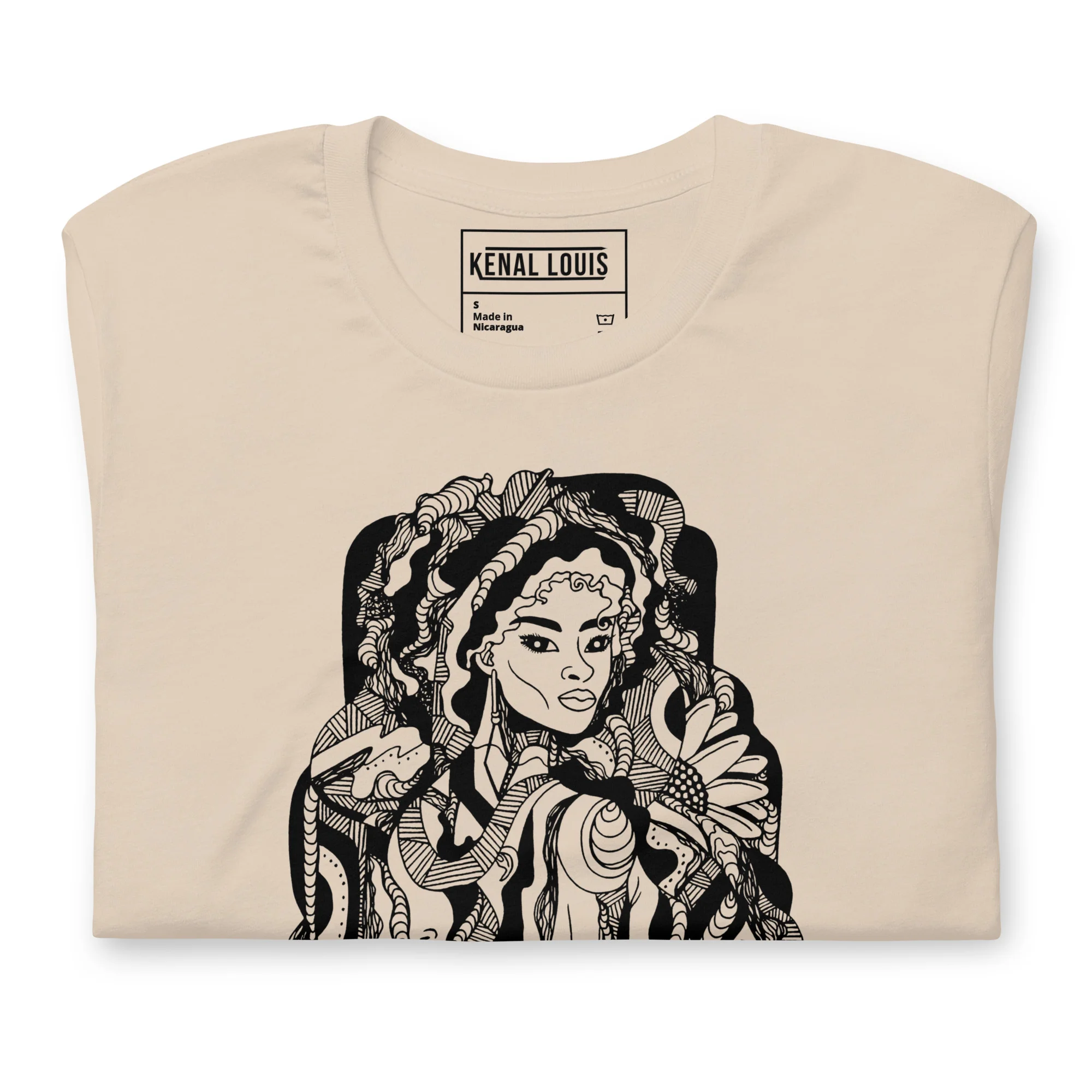 Cream afrocentric t-shirt featuring bold black illustration of a woman with ornate cultural styling and decorative patterns