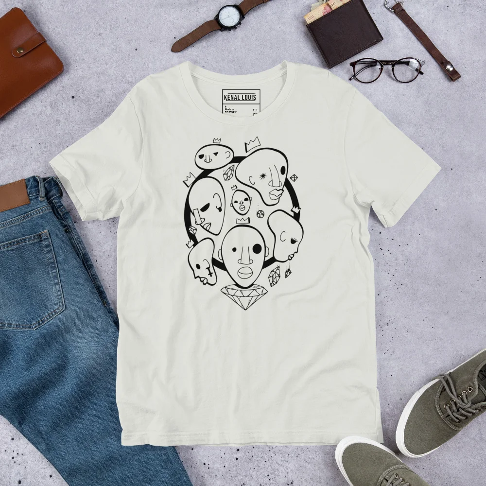 Cream afrocentric t-shirt featuring black line art of seven wise kings with crowns and geometric diamond design