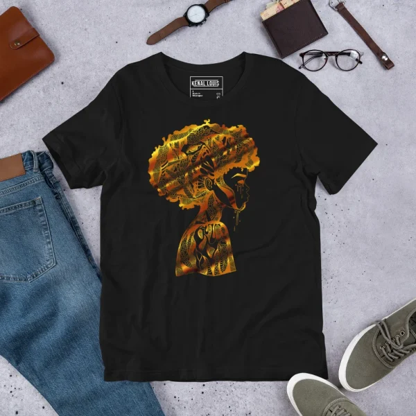Black afrocentric t-shirt featuring a gold silhouette profile with intricate patterned hair and chest design