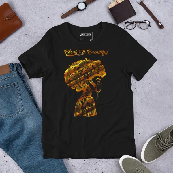 Black afrocentric t-shirt featuring gold foil artwork of a woman's profile with intricate patterns and text reading Black Is Beautiful