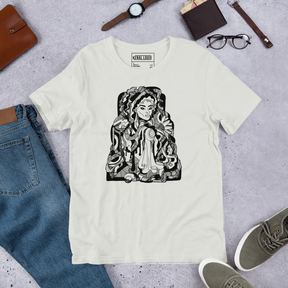 Cream afrocentric t-shirt with black Mirage portrait design displayed flat lay with accessories