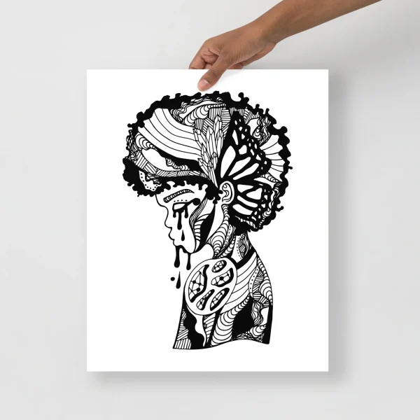 Afrocentric wall art print featuring an intricate black and white illustration of a profile head with detailed patterns and flowing hair design.