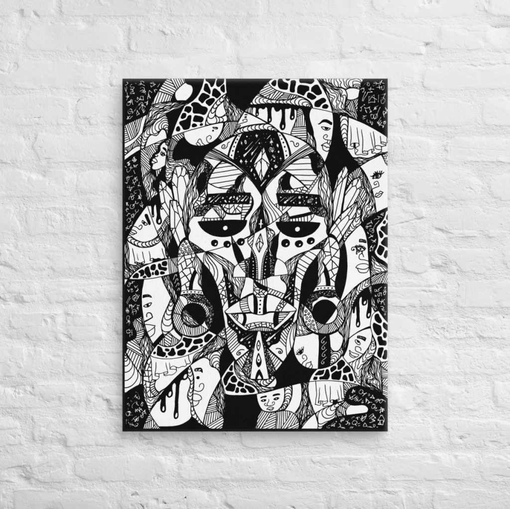 Bold African mask canvas art featuring Atok and 12 tribe chiefs in vibrant detail