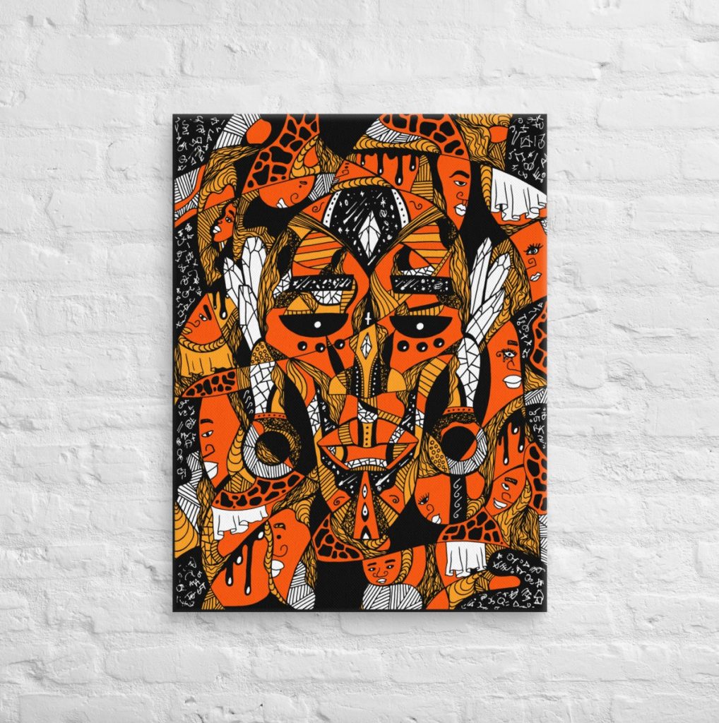 Detailed afrocentric African mask canvas depicting Atok and the 12 legendary tribe chiefs