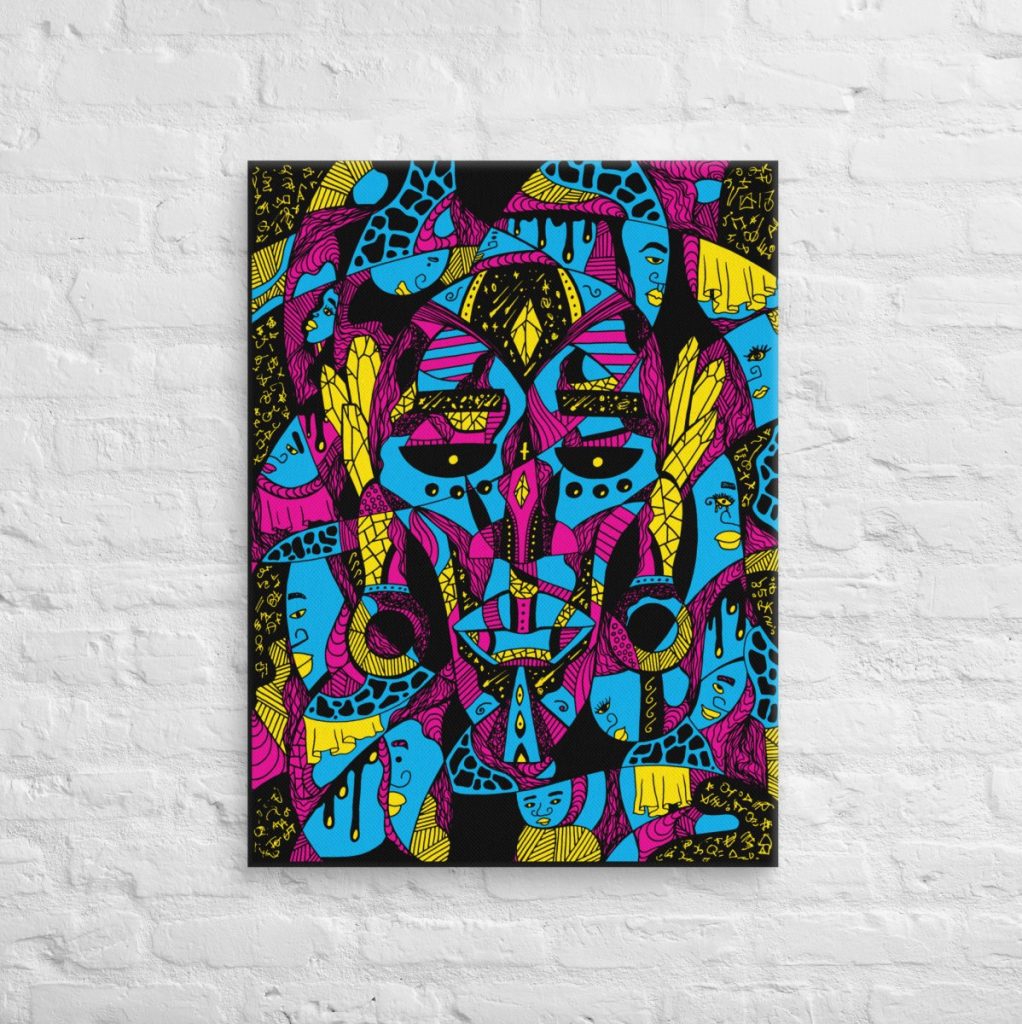 Expressive canvas wall art uniting Atok and tribe chiefs in bold afrocentric mask design