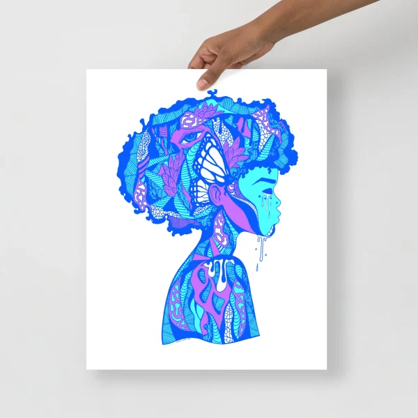 Beautiful Mind Blue afrocentric wall art print featuring intricate patterns and cultural motifs in vibrant blue, cyan, and magenta tones.