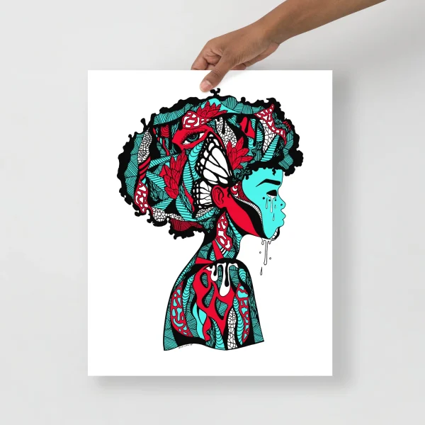 Afrocentric wall art print featuring a colorful profile silhouette with turquoise and red patterned details and flowing hair.