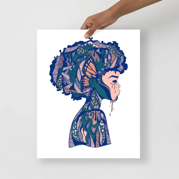 Beautiful mind afrocentric wall art print featuring a profile portrait with intricate blue, green, and peach patterned hair and shoulders.