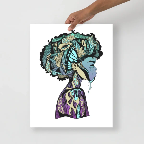 Colorful afrocentric wall art print featuring a profile silhouette with intricate patterned details in turquoise, cream, and purple tones with dripping effects.