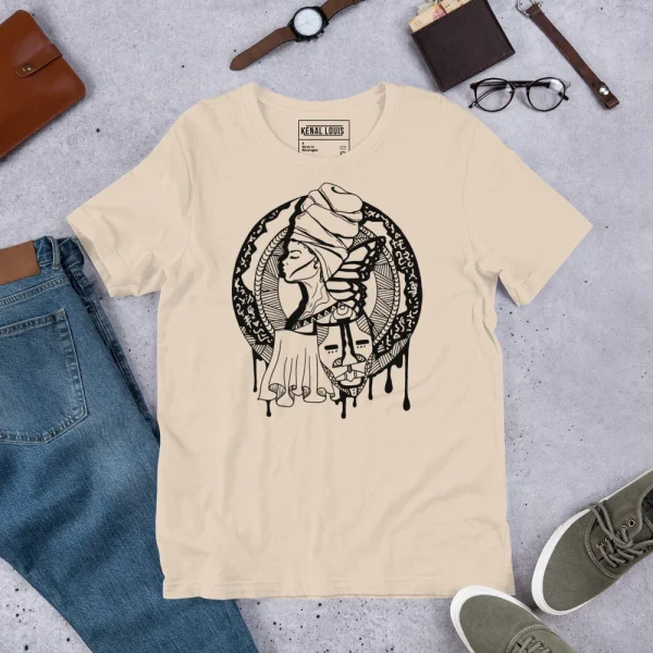 Cream afrocentric woman t-shirt featuring black tribe queen graphic art with intricate line work and cultural symbolism