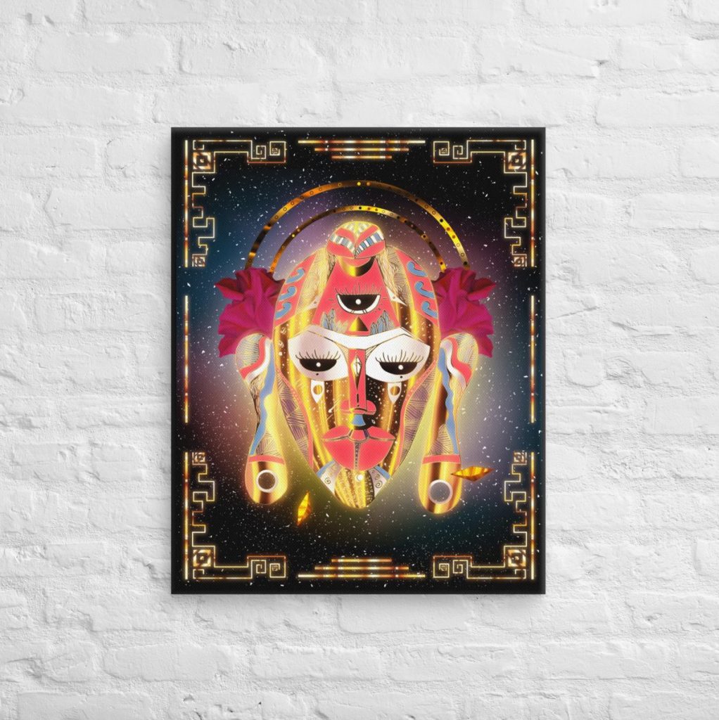 Bold golden African mask canvas print celebrating afrofuturism art with striking geometric detail