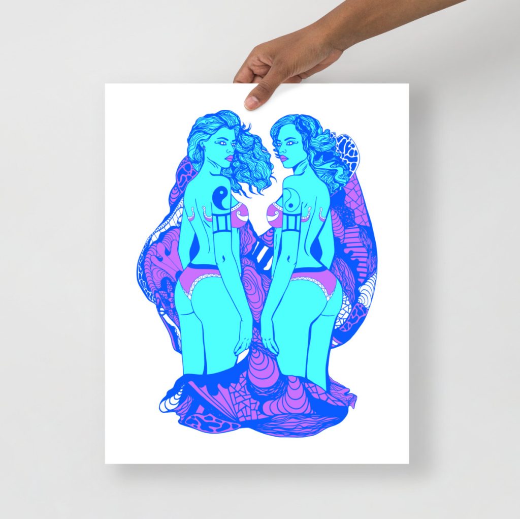 Minimal blue portrait print featuring Gemini beauty as stunning air sign zodiac artwork