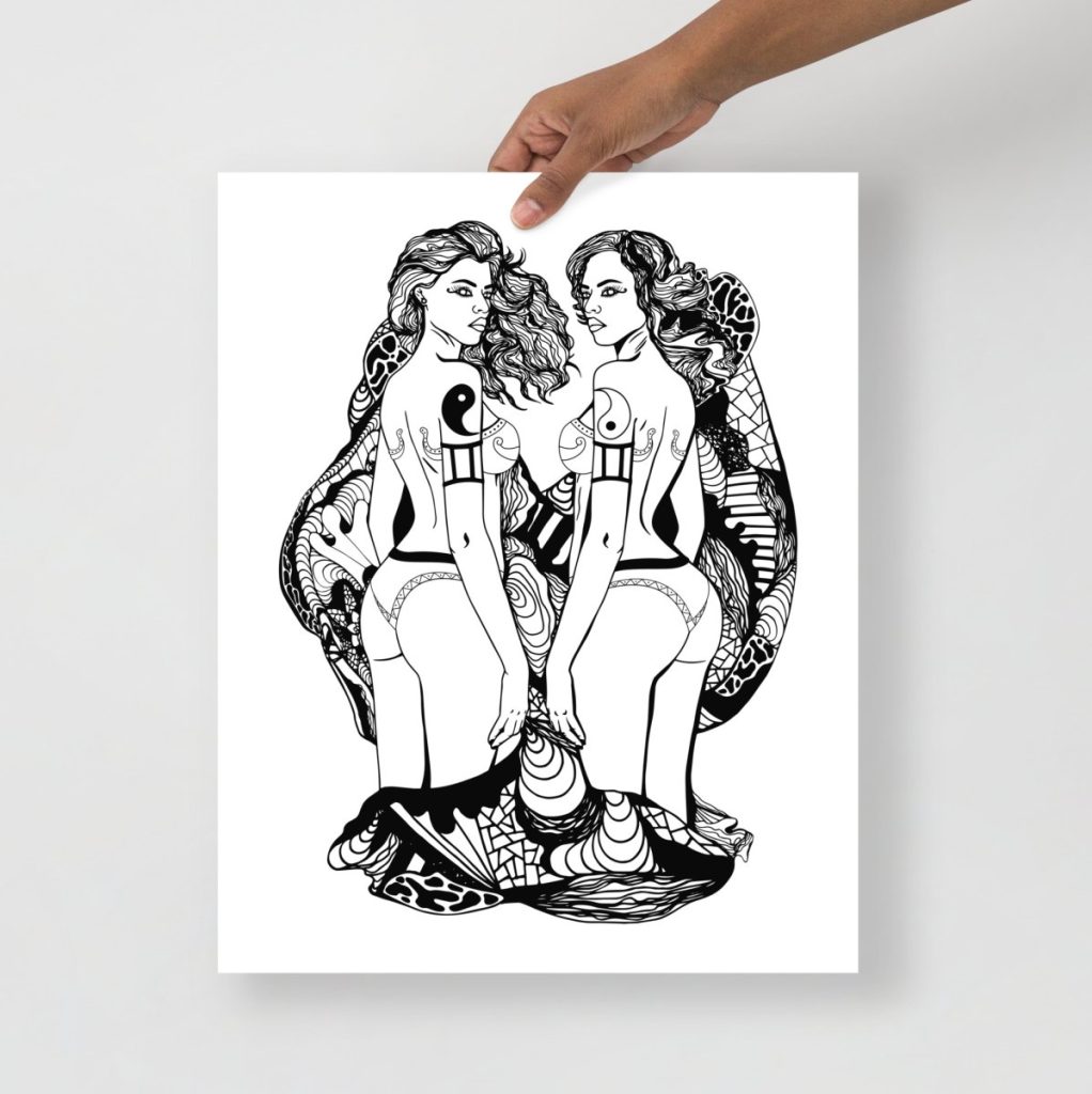 Elegant feminine line art celebrating Gemini air sign zodiac art in minimalist style