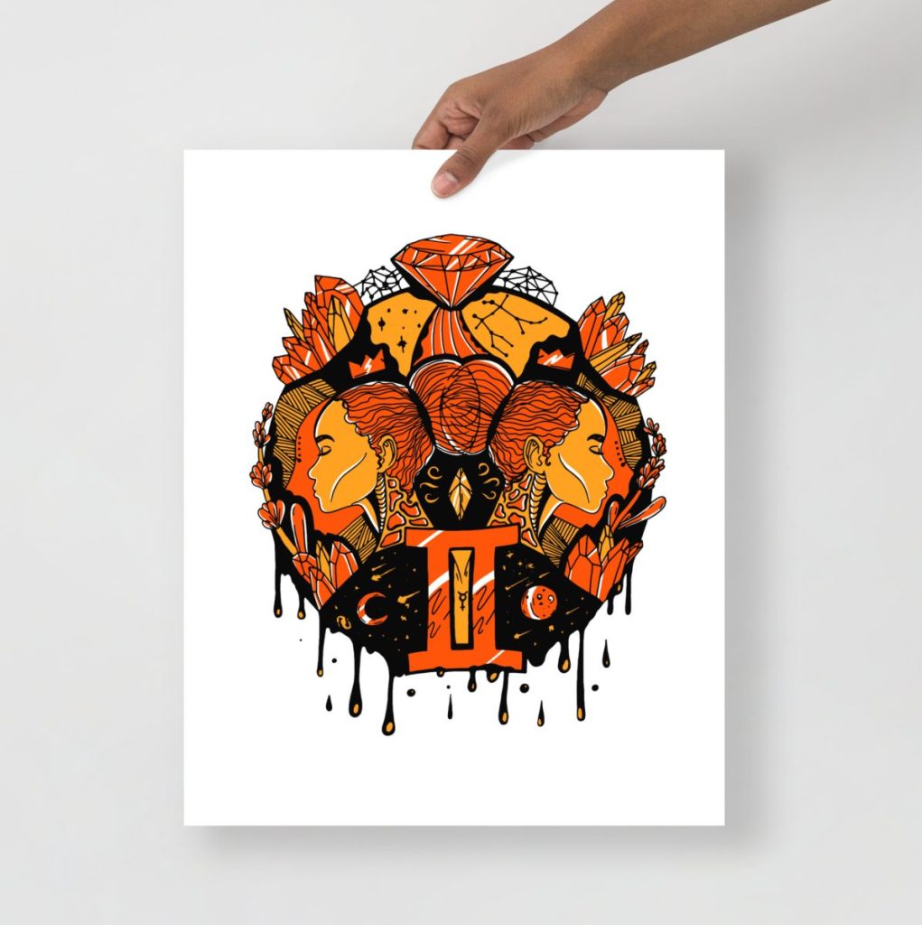 Bold orange mystic Gemini portrait showcasing vibrant air sign zodiac art wall decor