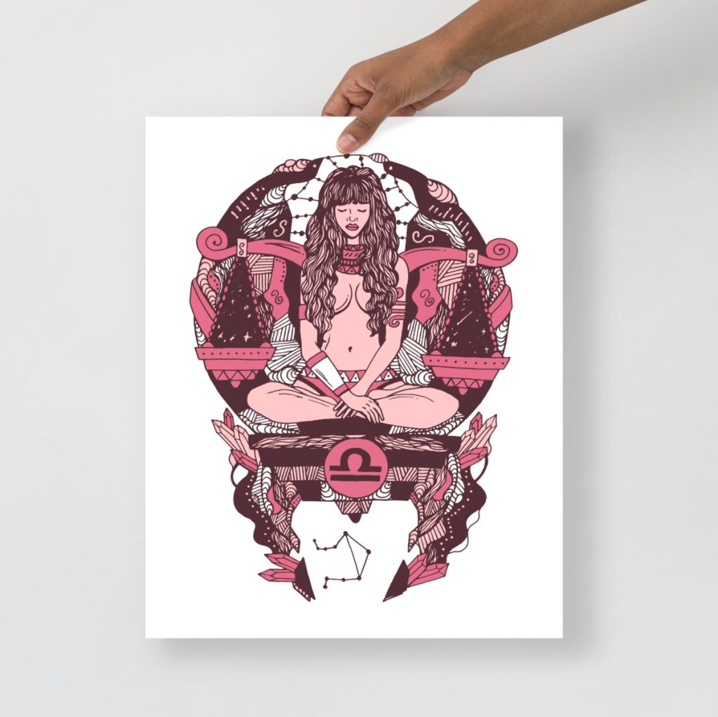 Delicate pink Libra portrait print offering romantic air sign zodiac art wall decor