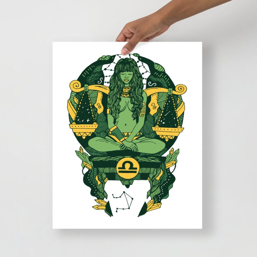 Deep forest green Libra portrait print displaying moody air sign zodiac art style