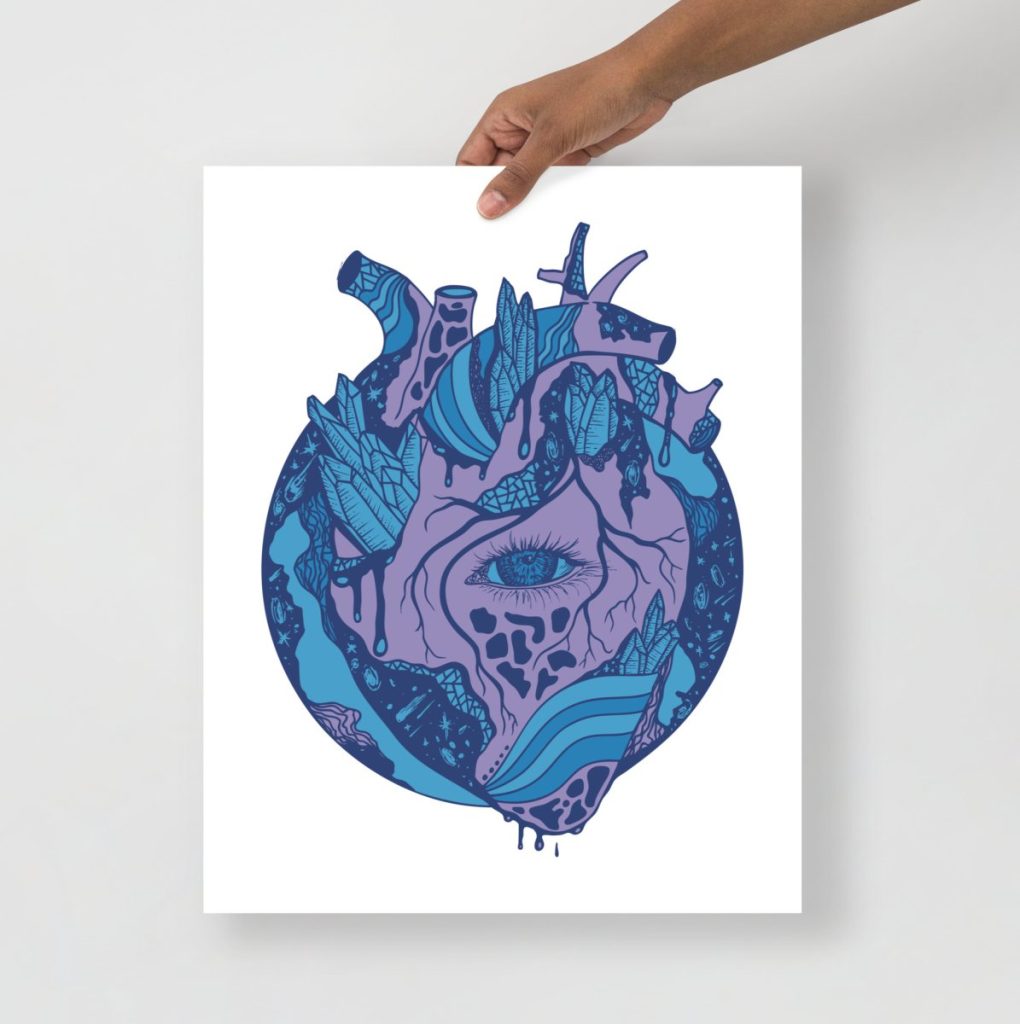Mountain blue tones highlight this stunning cosmic anatomical heart art print