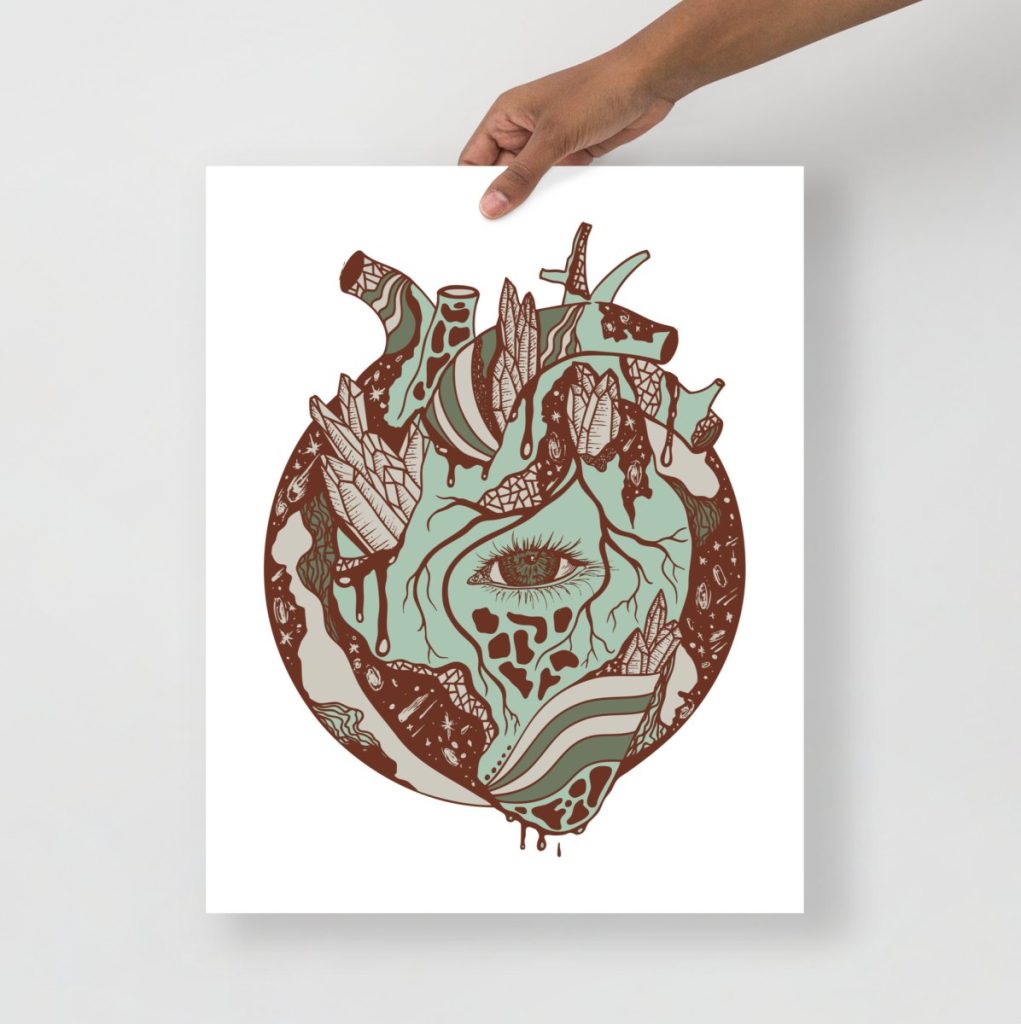 Sage green cosmic heart rendered in delicate detail for nature-inspired decor