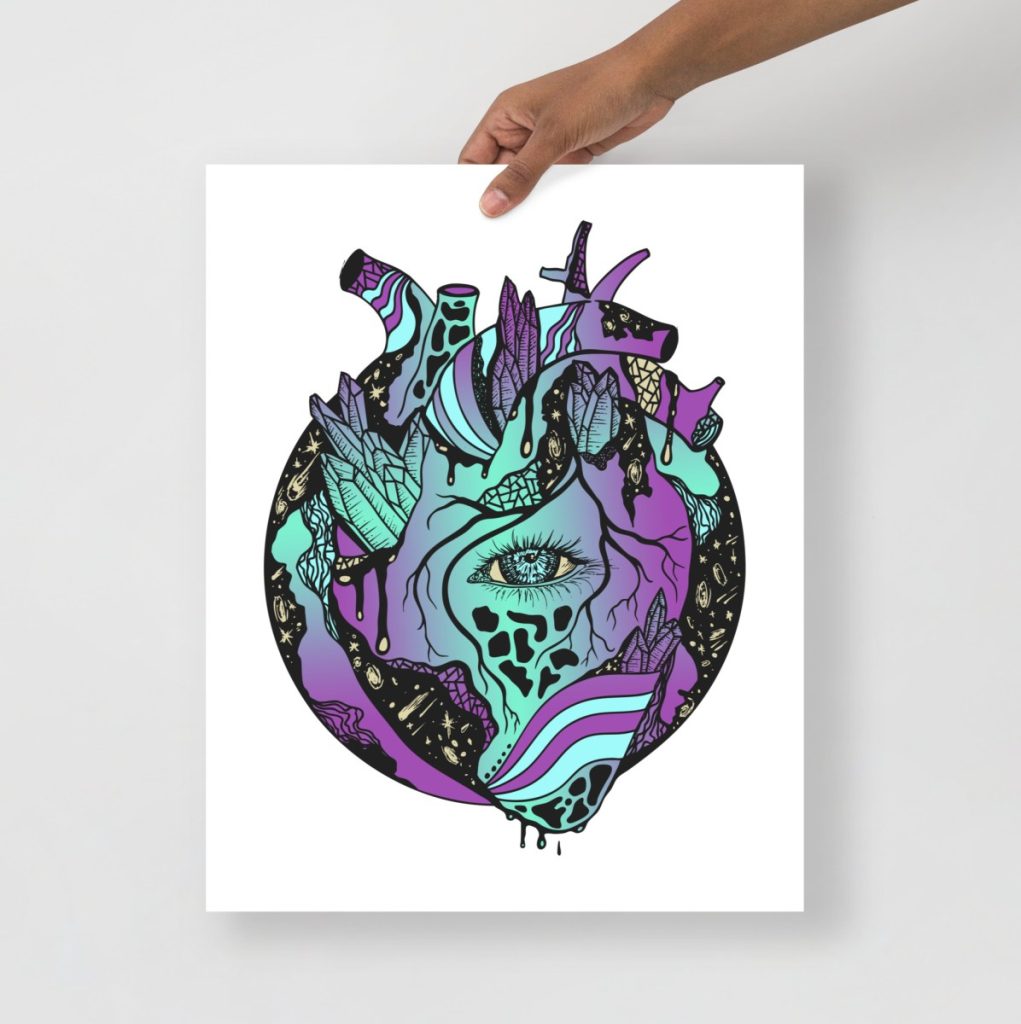 Purple pencil drawing of a cosmic heart from the anatomical heart art collection