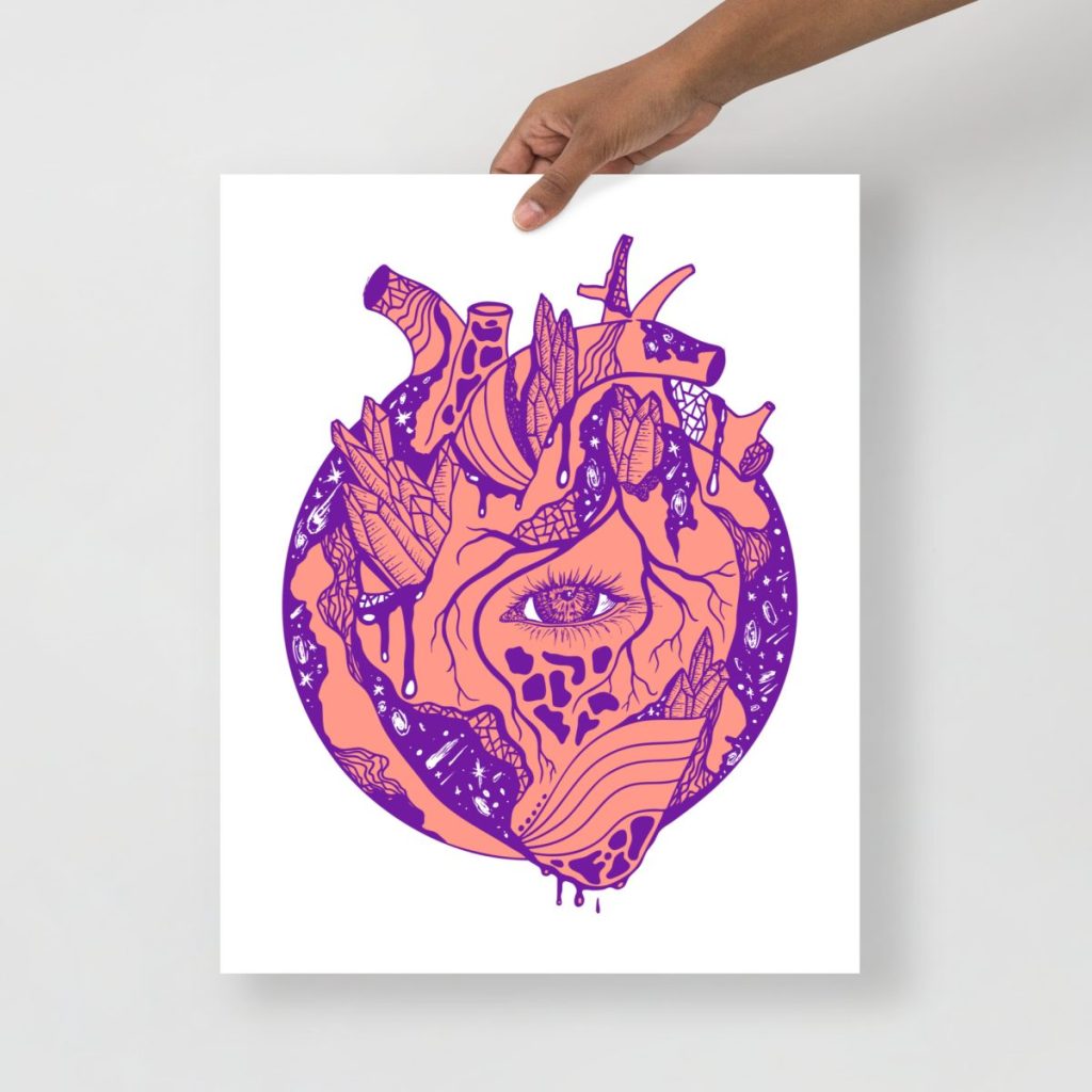 Violet cosmic hues surround a detailed anatomical heart art collection print