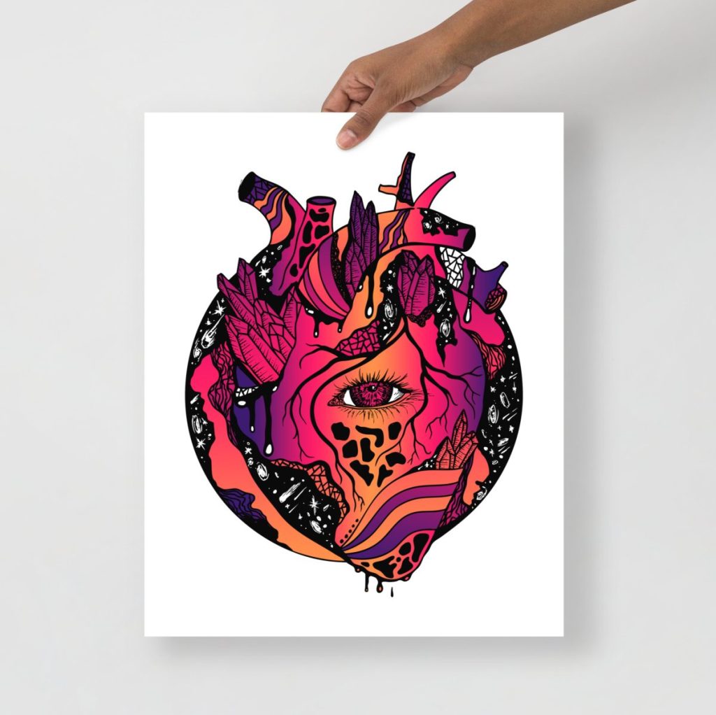 Warm sunset colors blend beautifully in this cosmic anatomical heart drawing print