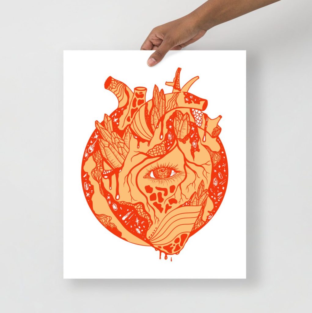 Bold orange cosmic heart drawing bursting with vibrant energy and fine detail