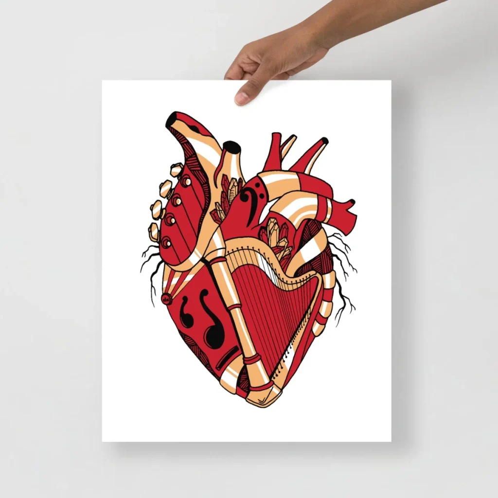 Warm red and cream anatomical heart art print offering soft romantic tones for wall decor