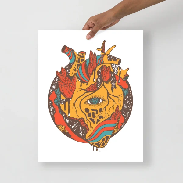 Colorful anatomical heart art print with cosmic teal, yellow, orange and brown tones featuring celestial details and eye motif