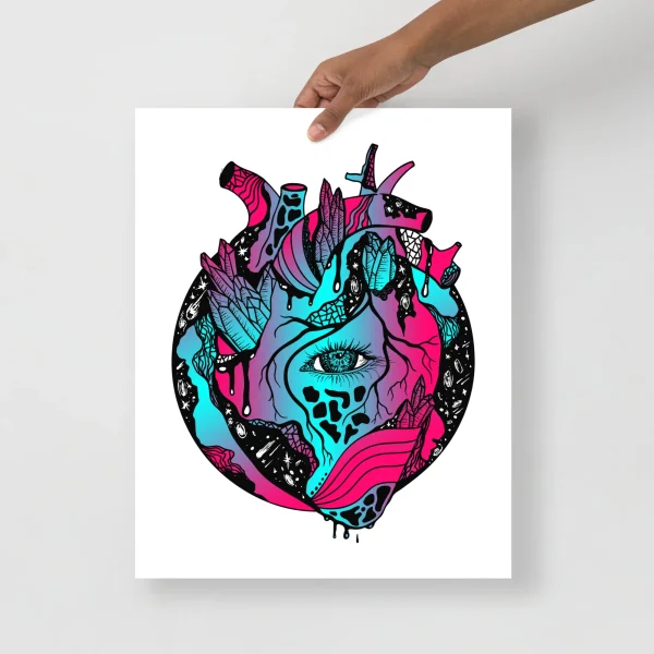 Colorful anatomical heart art print in magenta, cyan, and purple with cosmic and celestial design elements on white background