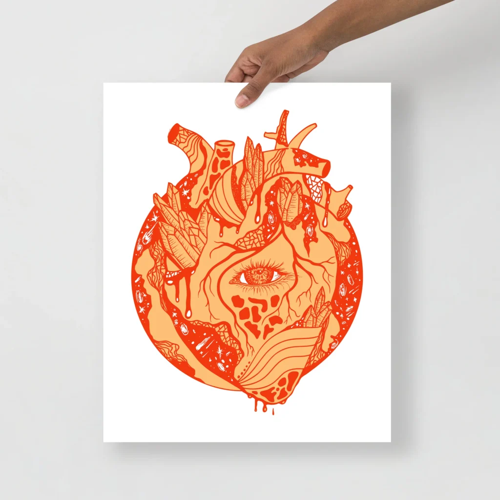 Anatomical Heart Art Print, Cosmic Heart Orange Drawing