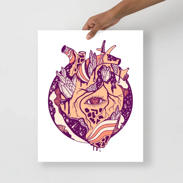 Cosmic peach and purple anatomical heart art print featuring intricate line work, celestial patterns, and surreal botanical elements.
