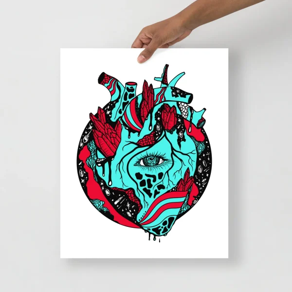 Cosmic turquoise and red anatomical heart art print with celestial details and intricate linework on white background