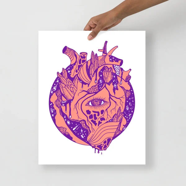 Anatomical heart art print featuring cosmic violet and coral design with celestial patterns and surreal botanical elements
