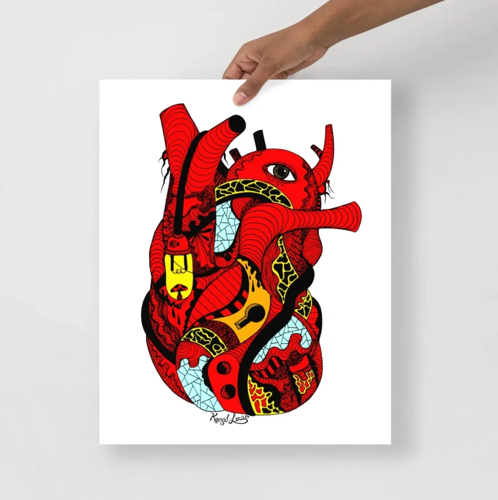 Glowing red light anatomical heart art print with dramatic illuminated line drawing aesthetic