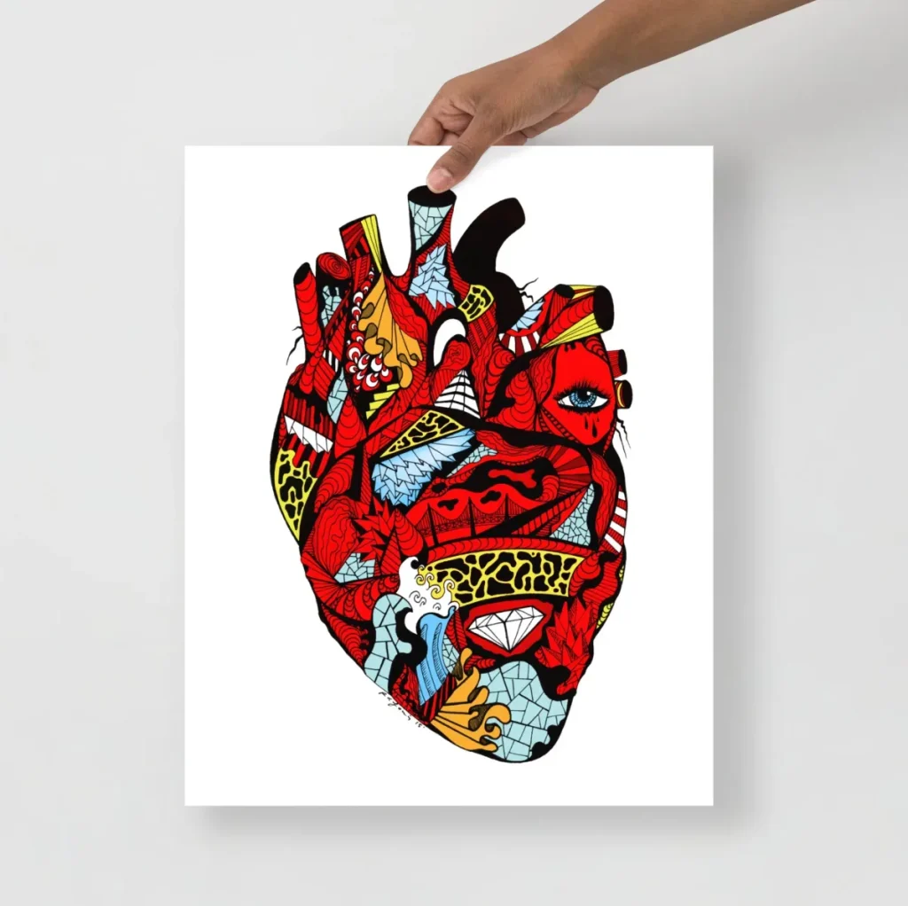 Delicate transparent anatomical heart art print showcasing intricate inner structures in fine line style