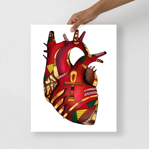 Anatomical heart art print with melanin-inspired red and gold design featuring African patterns and cultural symbols