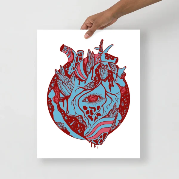 Anatomical heart art print with pastel blue and red detailed illustration featuring cosmic elements and fine line work.