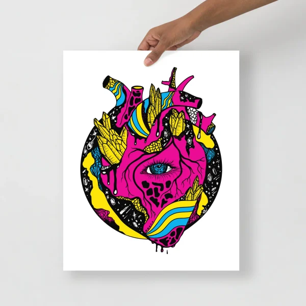 Vibrant anatomical heart art print in hot pink with yellow corn, blue bananas, and cosmic details on white background
