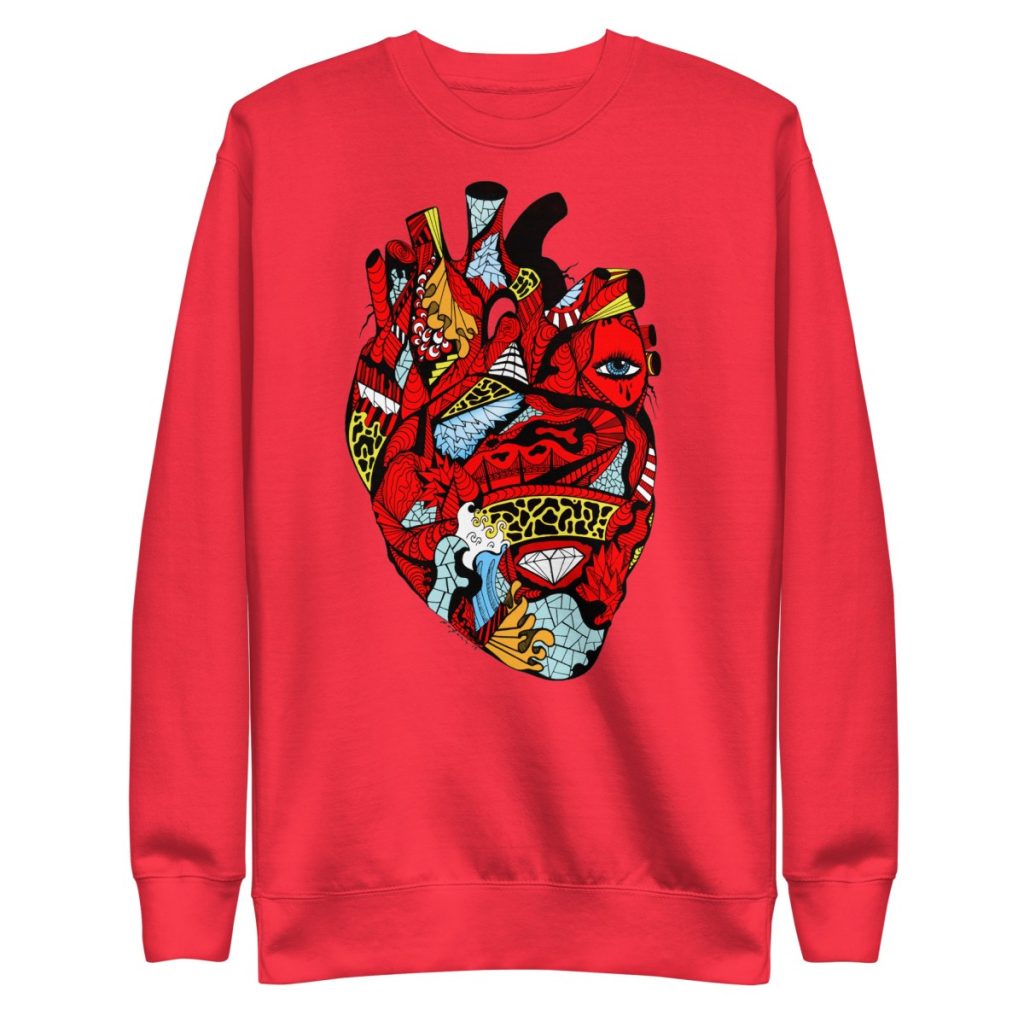Artistic transparent heart design on a stylish crewneck anatomical heart sweatshirt