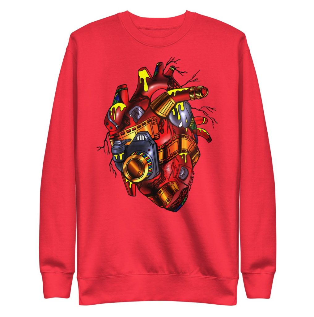 Photographer-themed red and cream heart sweatshirt celebrating creativity through anatomical heart art