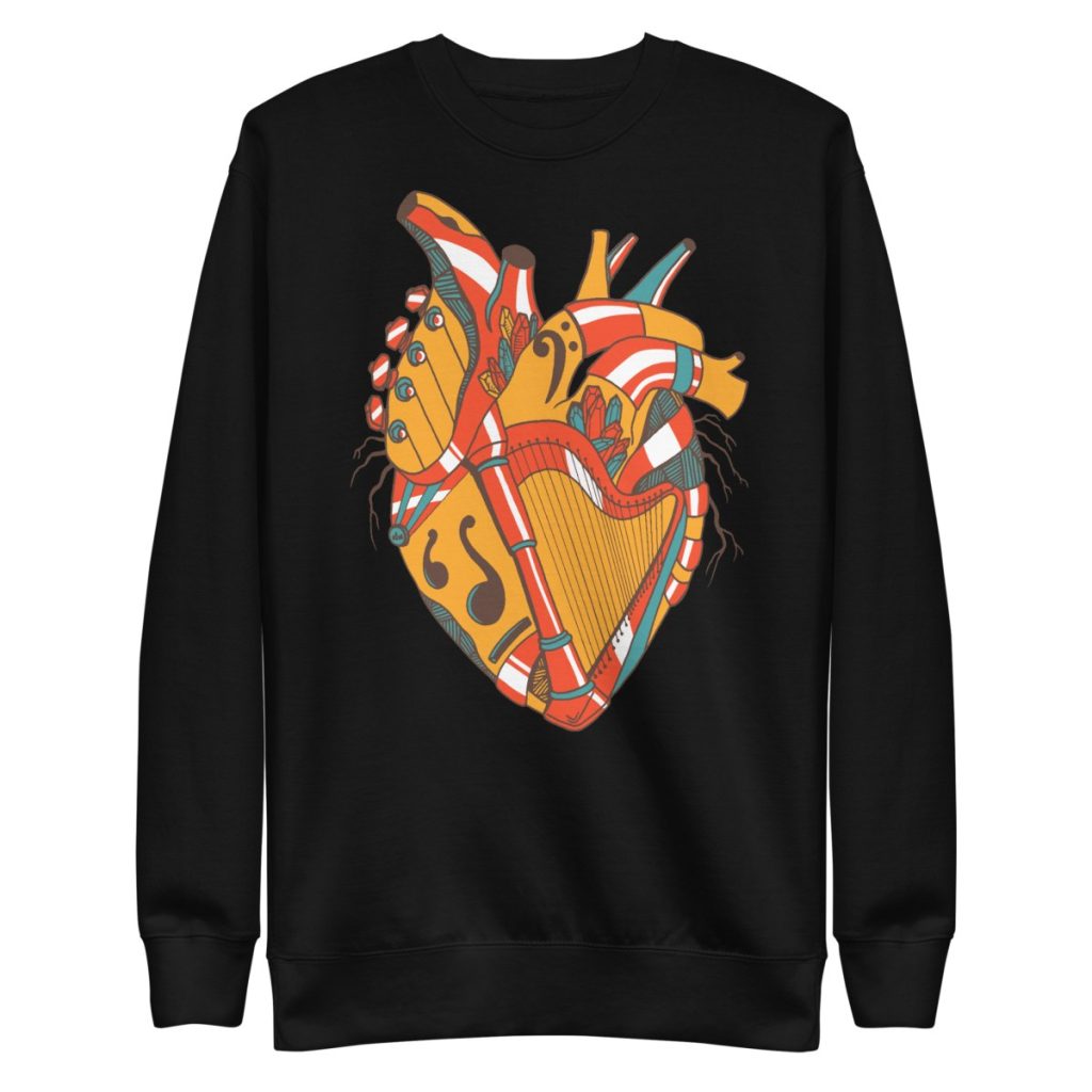 Music-inspired anatomical heart art crewneck pullover in rich expressive brushstroke style