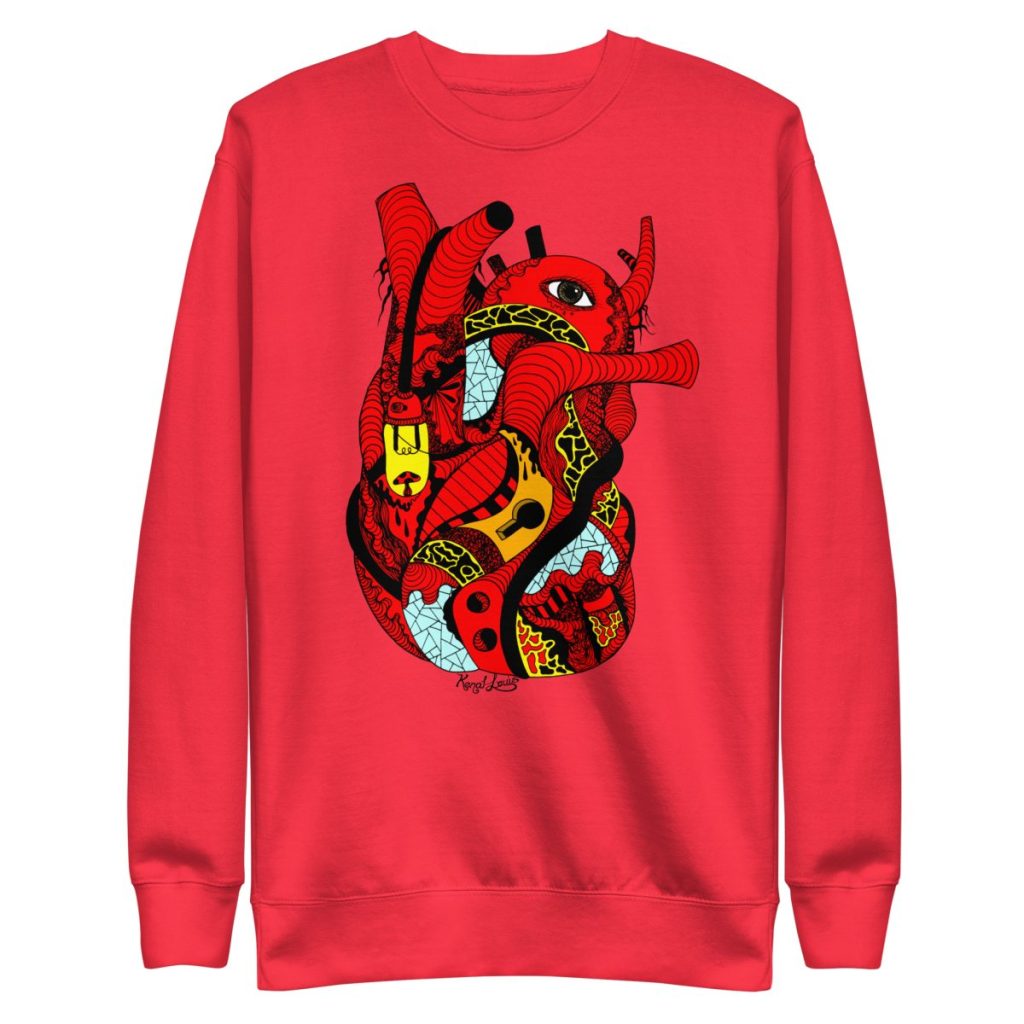 Bold red light anatomical heart sweatshirt with glowing crewneck art design