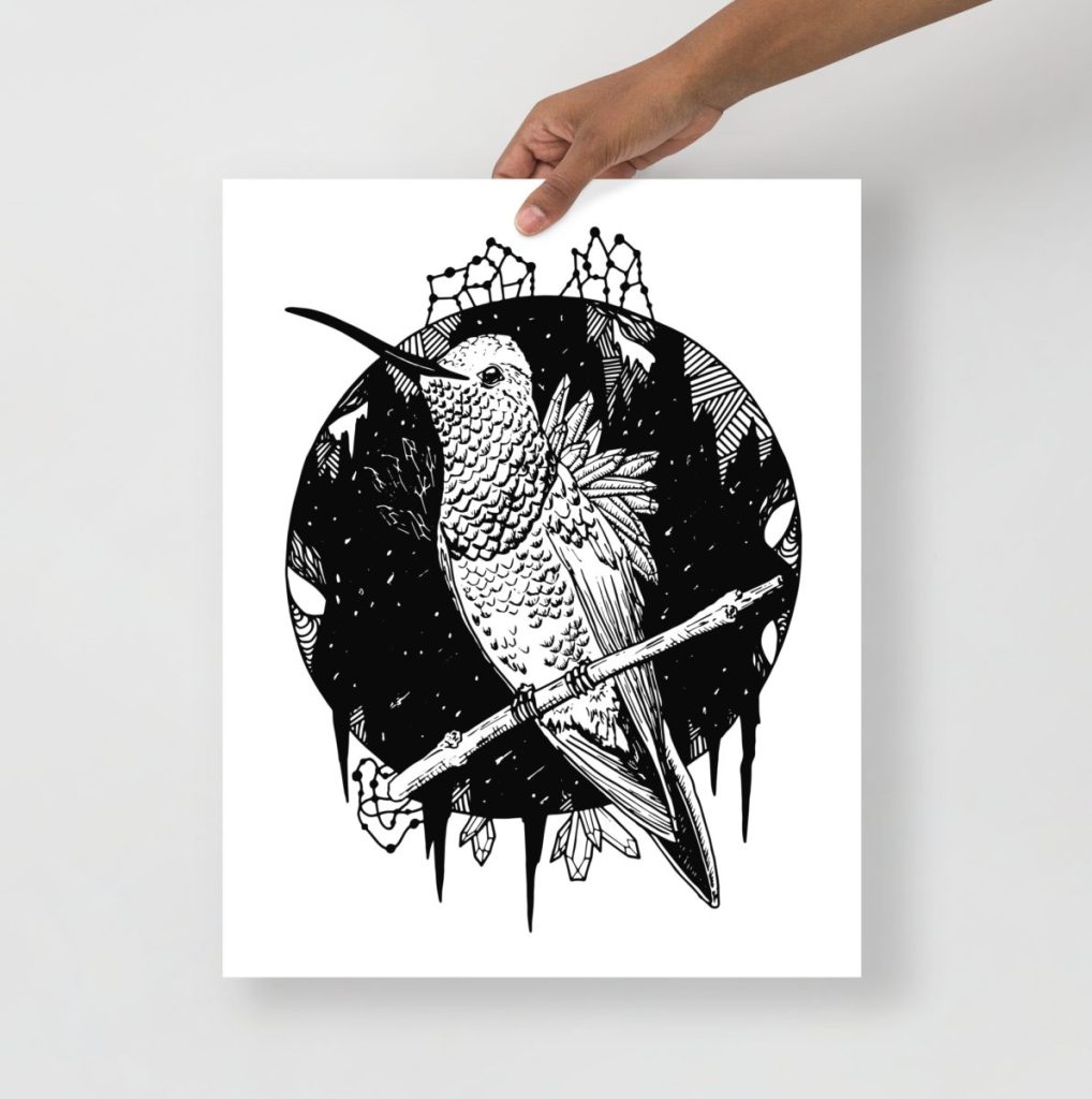 Graceful gazing hummingbird depicted in fine detailed line art wall art