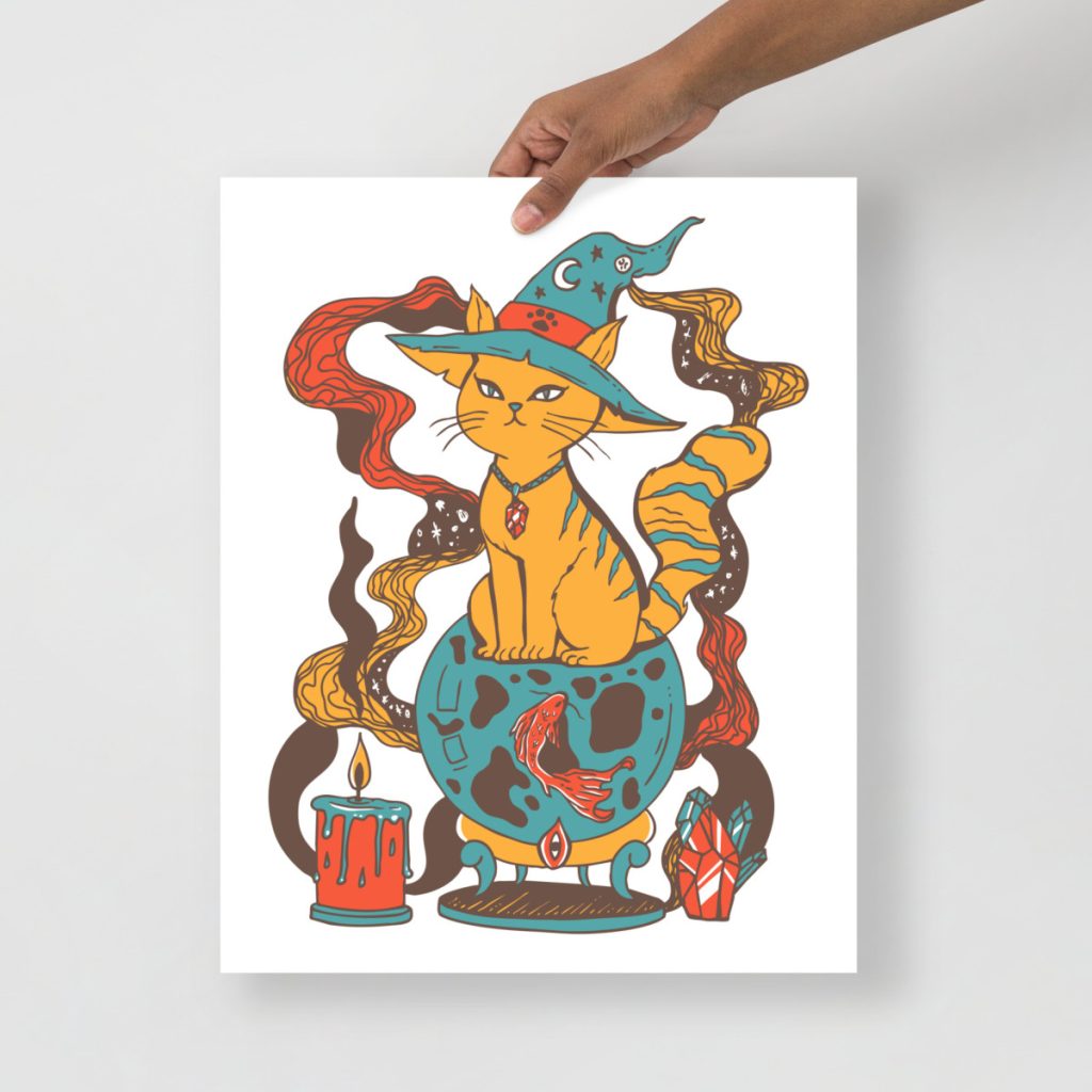Magical fortune cat rendered in flowing line drawing wall art style